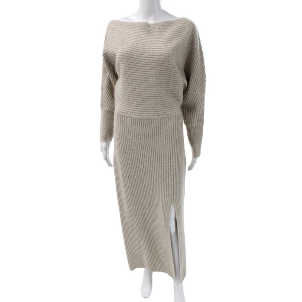 Line And Dot Women Sweater Dress Beige Knit Long Sleeve Boat Neck Size L
